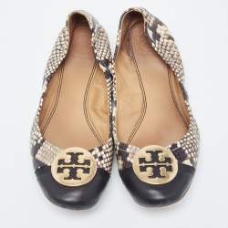 Pre Owned Tory Burch Black/Cream Python Embossed Reva Ballet Flats Size 38.5