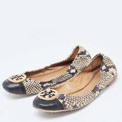 Pre Owned Tory Burch Black/Cream Python Embossed Reva Ballet Flats Size 38.5