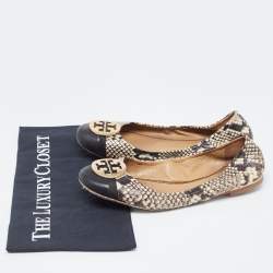 Pre Owned Tory Burch Black/Cream Python Embossed Reva Ballet Flats Size 38.5