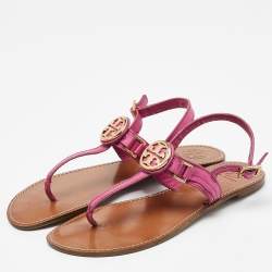 Tory Burch Pink Leather Logo Detail Thong Slingback Flat Sandals Size 41
