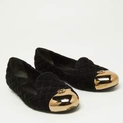 Pre Owned Tory Burch Black Quilted Suede Kaitlin Ballet Flats Size 41.5