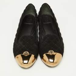 Pre Owned Tory Burch Black Quilted Suede Kaitlin Ballet Flats Size 41.5