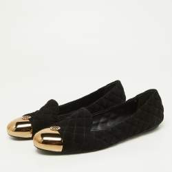 Pre Owned Tory Burch Black Quilted Suede Kaitlin Ballet Flats Size 41.5