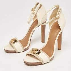 Pre Owned Tory Burch White Leather and Canvas Lock Ankle Strap Sandals Size 38.5