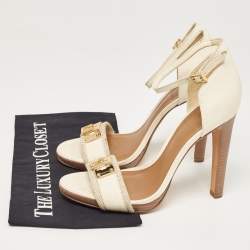 Pre Owned Tory Burch White Leather and Canvas Lock Ankle Strap Sandals Size 38.5