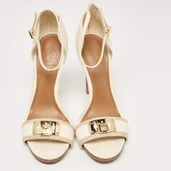 Pre Owned Tory Burch White Leather and Canvas Lock Ankle Strap Sandals Size 38.5