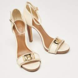 Pre Owned Tory Burch White Leather and Canvas Lock Ankle Strap Sandals Size 38.5