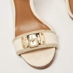 Pre Owned Tory Burch White Leather and Canvas Lock Ankle Strap Sandals Size 38.5