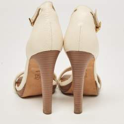 Pre Owned Tory Burch White Leather and Canvas Lock Ankle Strap Sandals Size 38.5