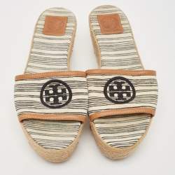 Tory Burch White/Brown Canvas and Leather Espadrille Platform Wedge Slide Sandals Size 37.5