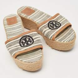 Tory Burch White/Brown Canvas and Leather Espadrille Platform Wedge Slide Sandals Size 37.5