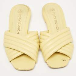 Pre Owned Tory Burch Yellow Quilted Leather Kira Flat Slides Size 38