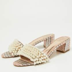 Pre Owned Tory Burch Silver/Peach Lurex Fabric Pearl Embellished Slide Sandal Size 38