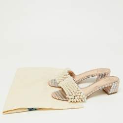 Pre Owned Tory Burch Silver/Peach Lurex Fabric Pearl Embellished Slide Sandal Size 38