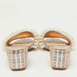Pre Owned Tory Burch Silver/Peach Lurex Fabric Pearl Embellished Slide Sandal Size 38