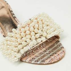 Pre Owned Tory Burch Silver/Peach Lurex Fabric Pearl Embellished Slide Sandal Size 38