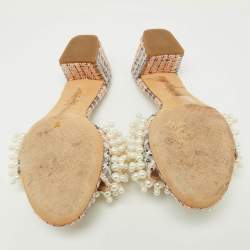 Pre Owned Tory Burch Silver/Peach Lurex Fabric Pearl Embellished Slide Sandal Size 38