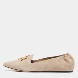 Pre Owned Tory Burch Beige Suede Scrunch Loafers Size 40.5