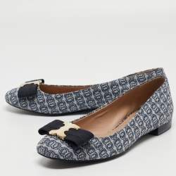 Pre Owned Tory Burch Blue/White Canvas Ballet Flats Size 38.5