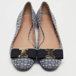 Pre Owned Tory Burch Blue/White Canvas Ballet Flats Size 38.5