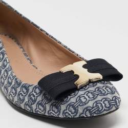 Pre Owned Tory Burch Blue/White Canvas Ballet Flats Size 38.5