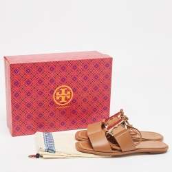 Tory Burch Brown Leather Gemini Link Flat Sandals Size 37.5