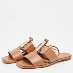 Tory Burch Brown Leather Gemini Link Flat Sandals Size 37.5