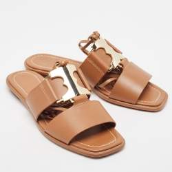 Tory Burch Brown Leather Gemini Link Flat Sandals Size 37.5
