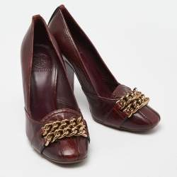 Tory Burch Burgundy Leather Chain Detail Block Heel Pumps Size 39.5