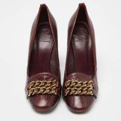 Tory Burch Burgundy Leather Chain Detail Block Heel Pumps Size 39.5
