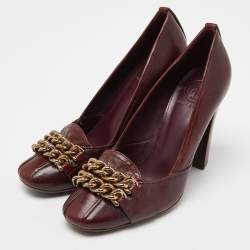 Tory Burch Burgundy Leather Chain Detail Block Heel Pumps Size 39.5