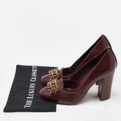 Tory Burch Burgundy Leather Chain Detail Block Heel Pumps Size 39.5