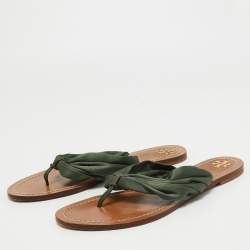 Pre Owned Tory Burch Dark Green Satin Carson Thong Flats Size 40.5