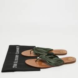 Pre Owned Tory Burch Dark Green Satin Carson Thong Flats Size 40.5