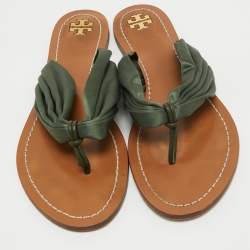 Pre Owned Tory Burch Dark Green Satin Carson Thong Flats Size 40.5