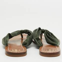 Pre Owned Tory Burch Dark Green Satin Carson Thong Flats Size 40.5