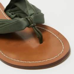 Pre Owned Tory Burch Dark Green Satin Carson Thong Flats Size 40.5