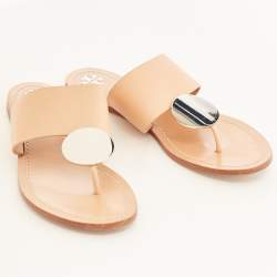 Pre Owned Tory Burch Peach Pink Leather Patos Disk Thong Flats Size 40