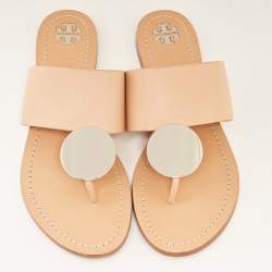 Pre Owned Tory Burch Peach Pink Leather Patos Disk Thong Flats Size 40