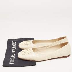 Pre Owned Tory Burch Cream Croc Embossed Leather Georgia Ballet Flats Size 38.5