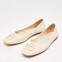 Pre Owned Tory Burch Cream Croc Embossed Leather Georgia Ballet Flats Size 38.5