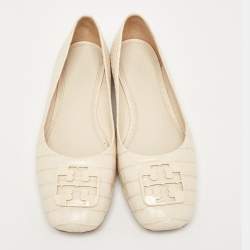 Pre Owned Tory Burch Cream Croc Embossed Leather Georgia Ballet Flats Size 38.5
