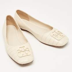 Pre Owned Tory Burch Cream Croc Embossed Leather Georgia Ballet Flats Size 38.5