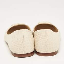 Pre Owned Tory Burch Cream Croc Embossed Leather Georgia Ballet Flats Size 38.5