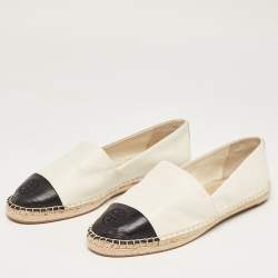 Pre Owned Tory Burch Off White/Black Leather Logo Cap Toe Espadrille Flats Size 41