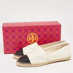 Pre Owned Tory Burch Off White/Black Leather Logo Cap Toe Espadrille Flats Size 41
