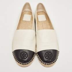Pre Owned Tory Burch Off White/Black Leather Logo Cap Toe Espadrille Flats Size 41