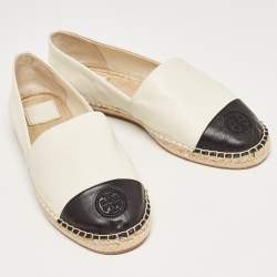 Pre Owned Tory Burch Off White/Black Leather Logo Cap Toe Espadrille Flats Size 41