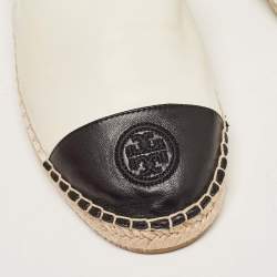 Pre Owned Tory Burch Off White/Black Leather Logo Cap Toe Espadrille Flats Size 41