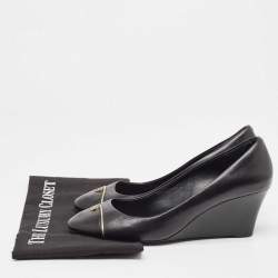 Pre Owned Tory Burch Black Leather Wedge Pumps Size 38.5